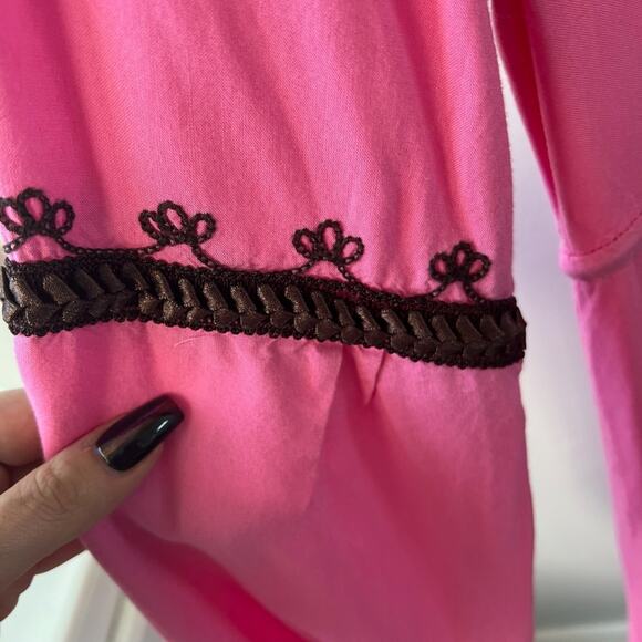 Moda International Embroidered Pink Long Sleeve Dress with Brown Trim Size M - Picture 14 of 15